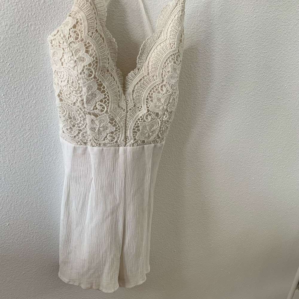 Ivory Spaghetti Strap Short Romper w/ Lace Detail
